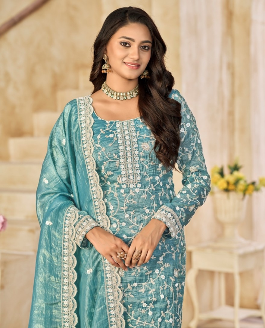 227-blue - Crush Straight Suit with Embroidered Work in Aqua Blue for Ceremonial